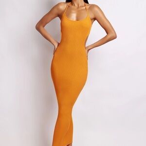 Meshki Orange Halter Knit Midi Dress